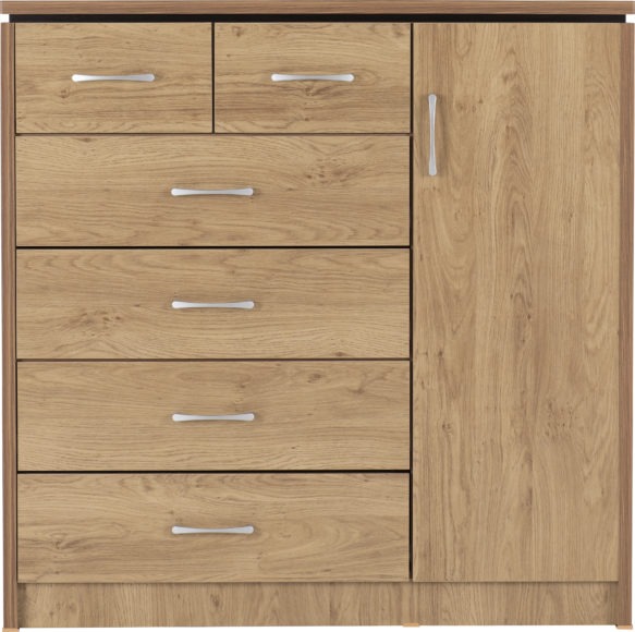 Charles 1 Door 6 Drawer Chest - Oak Effect Veneer with Walnut Trim