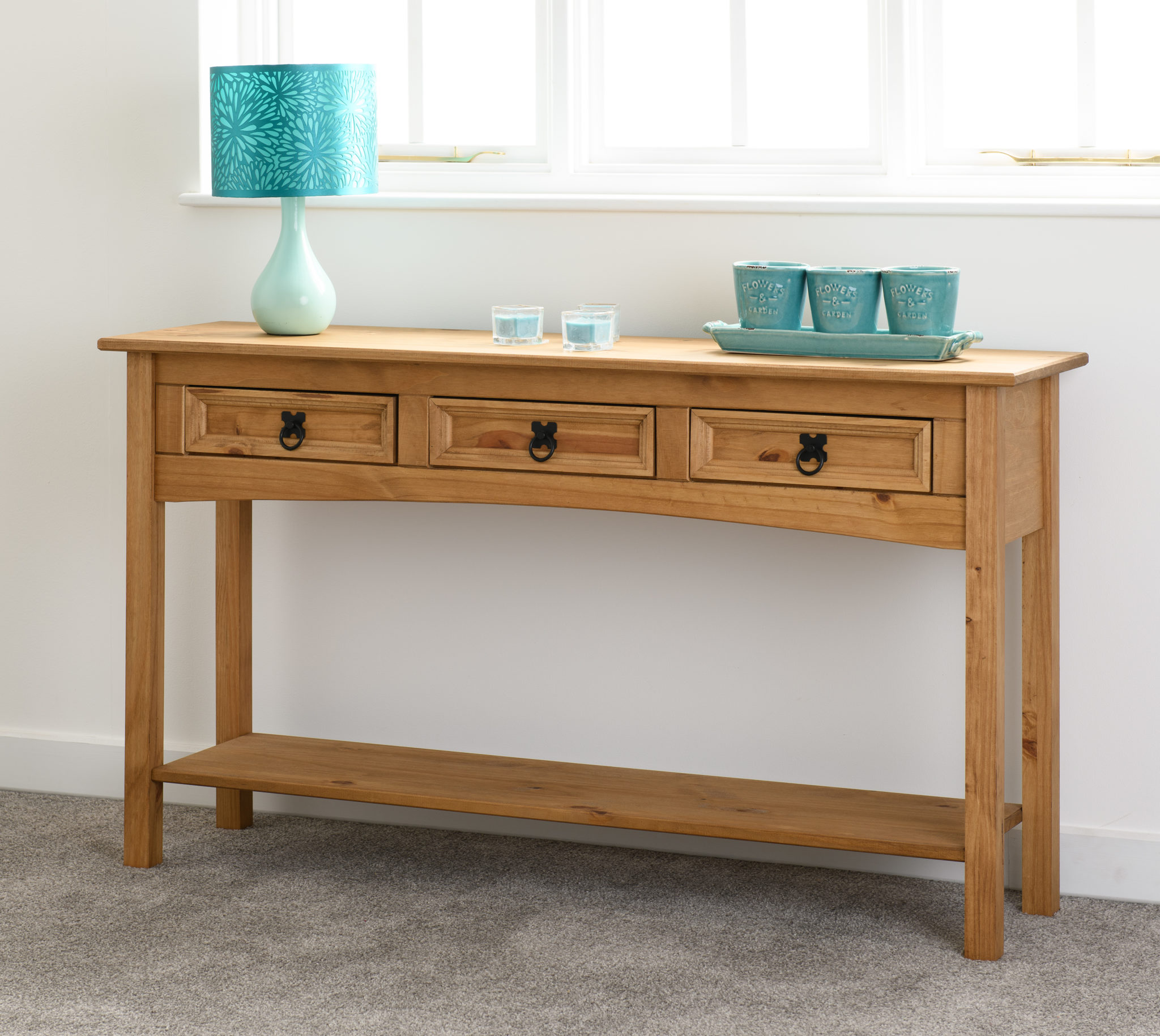 Corona 3 Drawer Console Table With Shelf Distressed